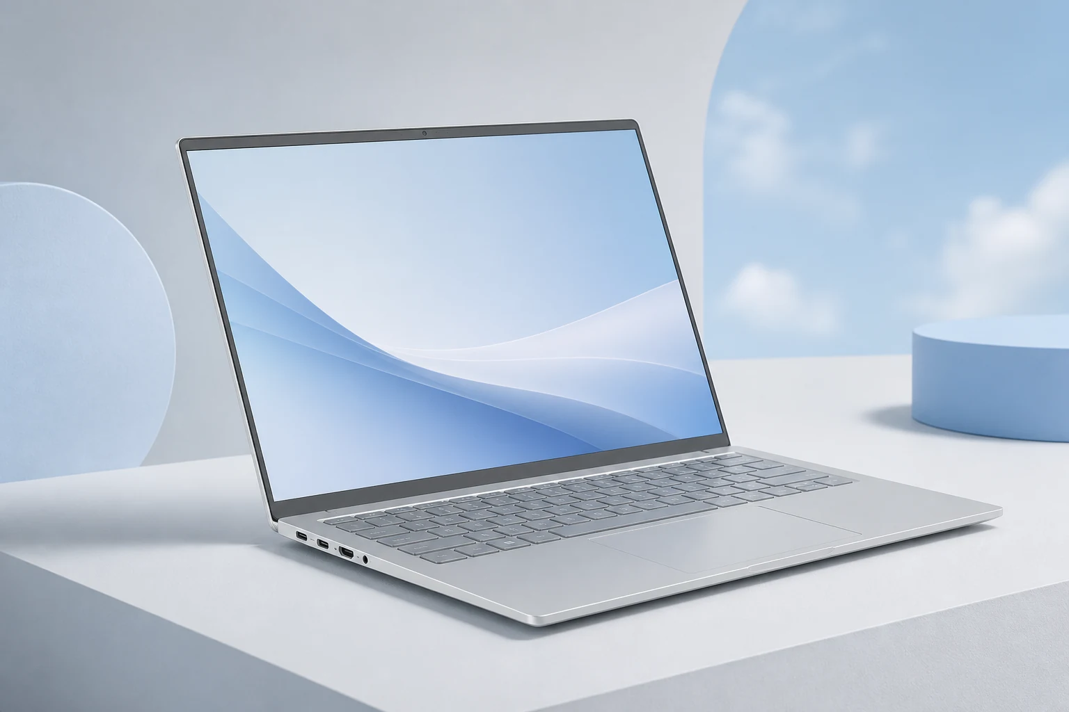 ภาพประกอบต้นฉบับโน้ตบุ๊กบางเบา Acer Swift Air 14 สีเงินในสตูดิโอฟ้าโดยไม่มีโลโก้